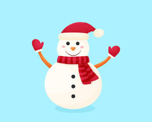 Cheerful friendly snowman in cartoon style. New Year vector illustration.
