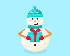 Cute snowman with a Christmas present. Vector illustration in cartoon style.

