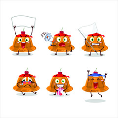 Mascot design style of  orange pudding with cerry character as an attractive supporter. Vector illustration