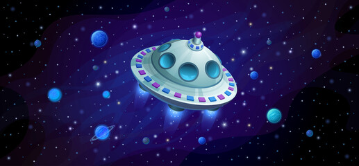 Alien flying saucer in space among planets and asteroids.