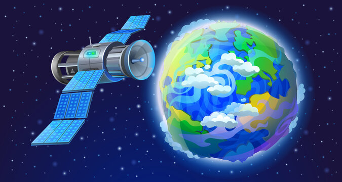 An artificial solar-powered satellite orbiting planet Earth.