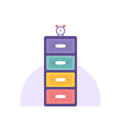 illustration of alarm clock and plastic cupboard. clothes place. four shelves. flat cartoon style. vector design