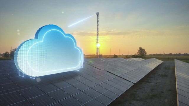 Cloud computing data transfer and solar panel technology concept, motion graphic
