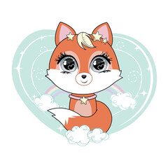 Cute little cartoon fox sitting on cloud.