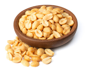 cooked peanuts in the wooden plate, isolated on white background