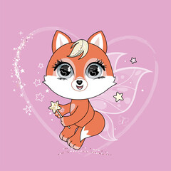 Cute little fox fairy character with butterfly wings over pink background.