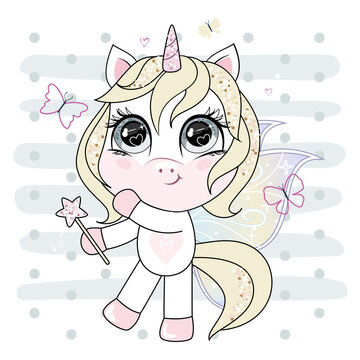 Cute little unicorn with blonde hair holding magic wand and dancing with butterflies. Trendy style, modern pastel colors.