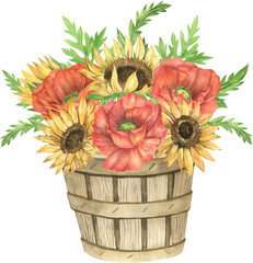 Watercolor wildflowers bouquets. Poppy and sunflowers compositions. Vintage iron elements. Sunflowers bouquets