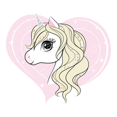 Cute little unicorn character over pink heart shape background. Vector.
