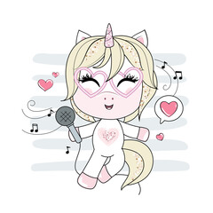 Cute little singing unicorn girl with microphone. Trendy girlish art. Vector.