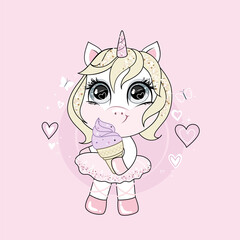 Cute baby unicorn with shiny golden hair holding ice cream. Trendy girlish art.