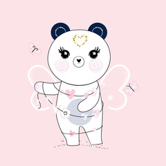 Cute little panda with butterfly wings and garland from hearts.