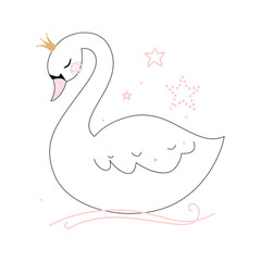 Cute little swan princess on white background. Vector.