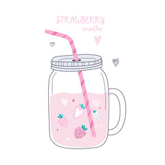 Trendy style strawberry smoothie in a jar. Vector pastel color.