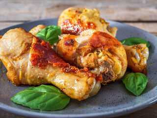 Baked chicken drumsticks with basil leaves on a gray plate