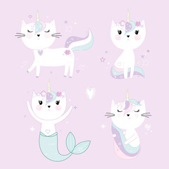 Cute little white unicorn cats. Pastel soft colors. Vector set.