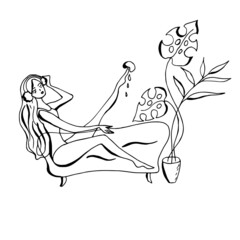 A girl in headphones with a raised leg sits in a bath. Vector illustration. Linear drawing.
