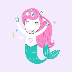 A cute little unicorn with a mermaid tail and a pink mane. Vector.
