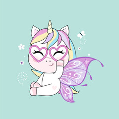 Cute little unicorn character with butterfly wings over green background. Vector.