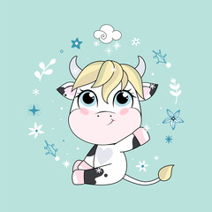 Merry Christmas! Funny cow character on blue snowy background. Card in cartoon style.