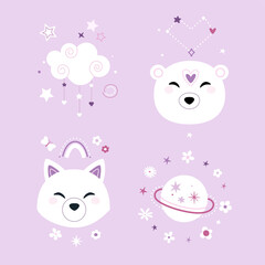 Collection with cute design elements. Pastel soft colors. Vector.