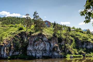 The rocky shore of a picturesque river