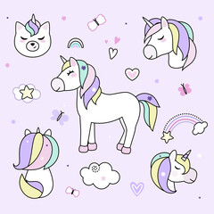 Collection with rainbow unicorns. Pastel soft colors. Vector.