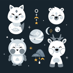 Cute nursery set with animals, stars and design elements. Vector.