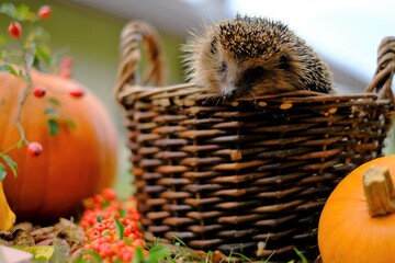 Hedgehog in the garden. European forest hedgehog in a basket with pumpkins, corn, apples in the...
