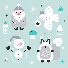 Christmas illustrations, hand drawn elements in Scandinavian style. Vector.