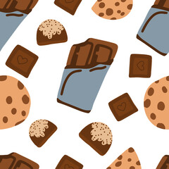 Seamless pattern with elements of chocolate and cookies, world chocolate day, international chocolate day, cartoon illustration, chocolate bar and candy, isolated images, vector illustrations