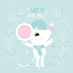 Festive background with cute mouse. Card for winter holidays. Vector cartoon illustration.