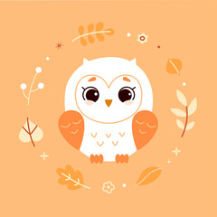 Cute baby owl in minimalistic flat style with wreath from autumn leaves. Vector.