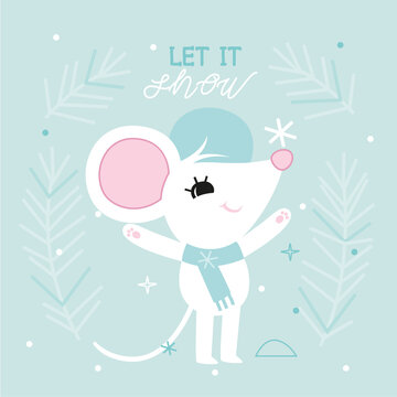 Festive background with cute mouse. Card for winter holidays. Vector cartoon illustration.
