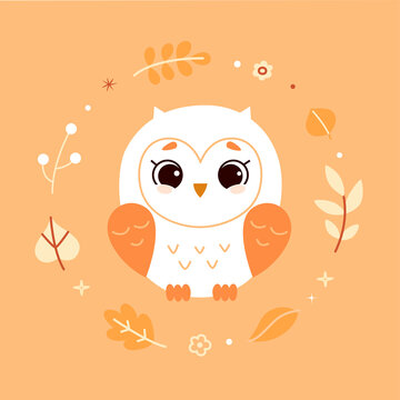 Cute baby owl in minimalistic flat style with wreath from autumn leaves. Vector.