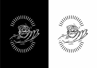 Black and white line art of hand holding rose