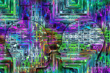 two human head shapes facing each other  with colorful abstract background