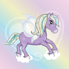 Cute little unicorn character with butterfly wings flying in the skies. Vector.