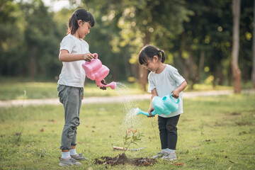 Asian sibling watering young tree on summer day