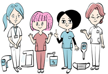 看護師の色々なポーズと医療機材