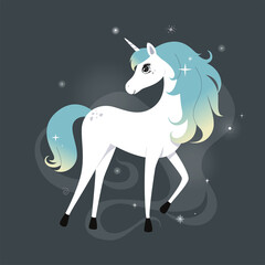 Cute unicorn with glittering and rainbow hair over dark background with stars. Vector.