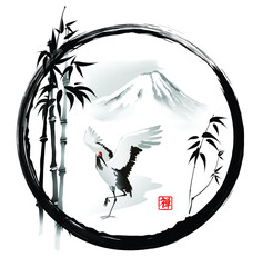 Japanese crane in a round frame on a background of bamboo and mountains. The text in seal is the hieroglyph "Zen". Vector illustration in traditional oriental style.