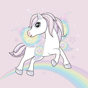 Cute little unicorn character with butterfly wings flying in the skies. Vector.