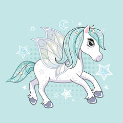 Obraz na płótnie Canvas Cute unicorn with butterfly wings and glittering hair over background with stars. Vector.