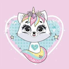 Cute little white cat unicorn or caticorn. Pastel soft colors. Vector.
