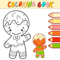 Coloring book or page for kids. Christmas Gingerbread man black and white vector
