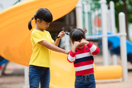Siblings teasing, asian little girl pulling her sister's hair in the playground