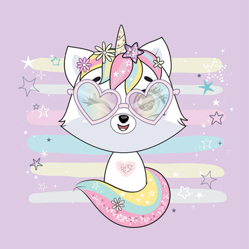 Cute little white cat unicorn or caticorn. Pastel soft colors. Vector.