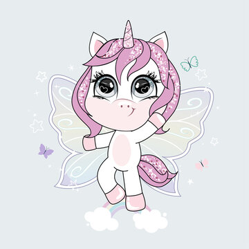 Cute little unicorn character with butterfly wings flying in the skies. Vector.