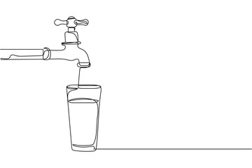 Continuous one line of water tap with glass in silhouette on a white background. Linear stylized.Minimalist.